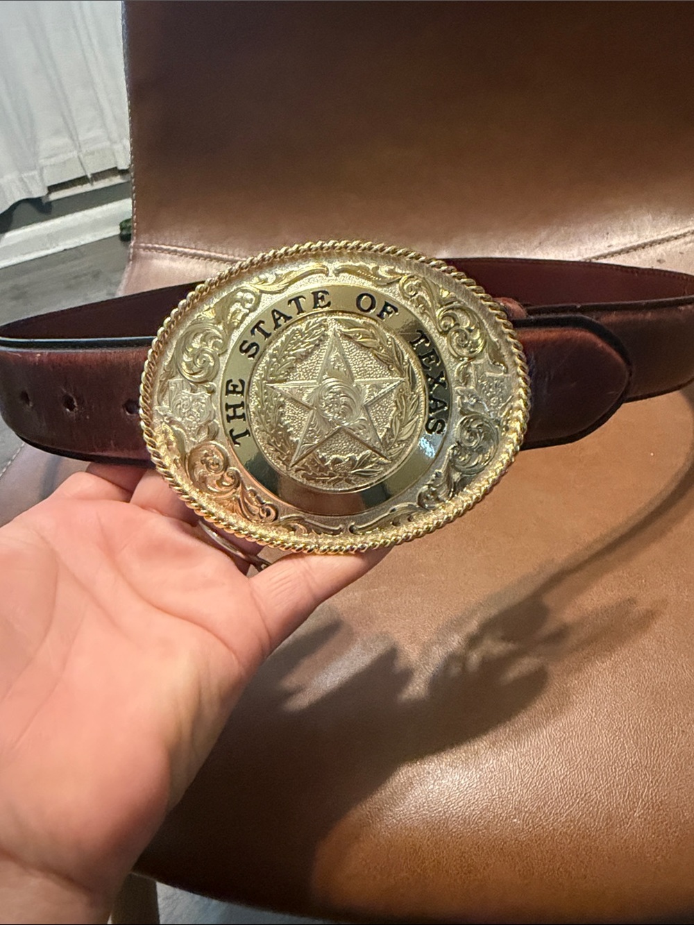 Montana Silversmiths Brown Leather Belt with Gold Texas State Buckle